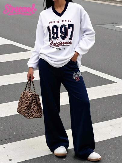 SHEIN Explorewe مجموعة بنطلون وبلوزة كاجوال بياقة على شكل حرف V، أكمام طويلة، وساق واسعة للفتيات المراهقات في فصلي الخريف والشتاء، قطعتان