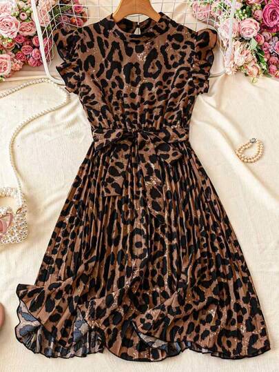 Trelyra Vestido de vacaciones con cuello alto, cintura fruncida y estampado de leopardo