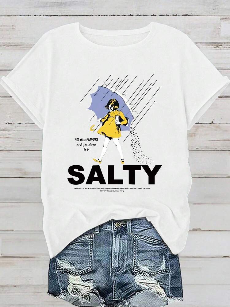 EMERY ROSE T-shirt graphique vintage avec parapluie, style grande taille "Salty". Parfait pour les vacances et le port quotidien, vêtement d'été pour femmes - Blanc - Voir 1