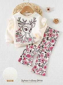 Cozy Pixies 2pcs Baby Girl Cartoon Animal Floral Deer Pattern Knitted Soft Round Neck Ruffle Trim Long Sleeve Sweatshirt & Elastic Waist Slim Fit Flare Pants Set, Suitable For Autumn/Winter, New Year, Indoor, Outdoor, Casual, Skiing, Back To School, Daily, Sports, Play, Party - Multicolor - View 3