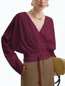 Aalyst Women's Linen Elegant Office/Commute/Vacation Casual V-Neck Dropped Shoulder Long Sleeve Shirt With Adjustable Waist Belt - Maroon - View 4