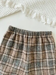 Cozy Pixies 2 件套女婴纯色荷叶边领长袖套头衫和格子松紧腰喇叭裤套装，秋冬 - 彩色 - 查看 7