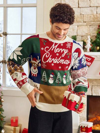 HIMLAND Suéter holgado de cuello redondo con elementos navideños de jacquard de colores múltiples para hombres, suéter de punto para hombres, suéter gráfico para hombres, jerseys Curious George Retro Christmas Jersey I Love My Girlfriend, para otoño e invierno, Año Nuevo Glamour