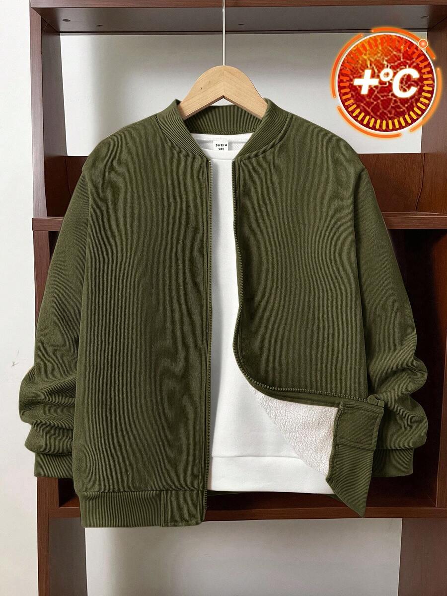 SHEIN 男童灯芯绒保暖内衬拉链棒球夹克，适合搭配万圣节卫衣、秋季长袖衬衫、男童卫衣、男童连帽衫、衬衫、男童运动裤，适合通勤、上学、休闲、运动、秋冬季穿着。 - 軍綠色 - 查看 1