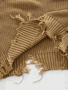 ROMWE MEN Grunge Punk Men's Distressed Punk Apocalyptic Print Knit Sweater, For Fall Winter - Camel - View 5