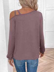 SHEIN LUNE 女式休闲舒适长袖 T 恤，交叉肩带和褶皱袖口，春夏 - 紫色 - 查看 2