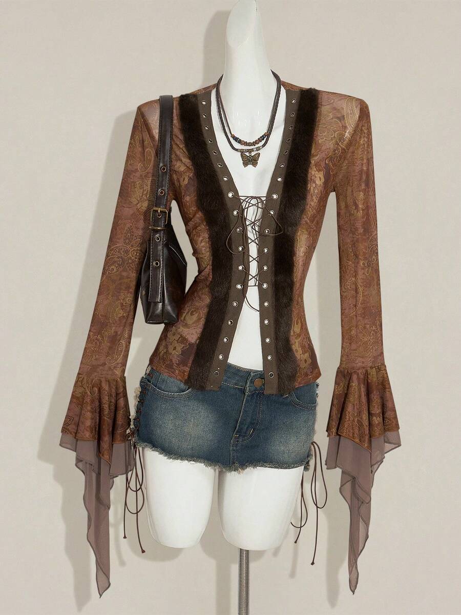 SHEIN ICON Women's Retro Sexy Bohemian Style Y2K Millennial Style Red Paisley Pattern Front Tie Splicing Wool Top Metal Eyelets Multi-Layered Ruffled Trumpet Sleeves See-Through Mesh Slim T-Shirt