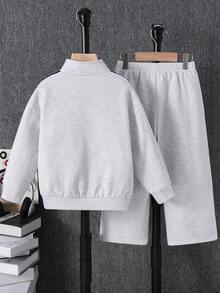 Kids 2pcs/Set Young Boys White Soft Fleece Zip-Up Hoodie And Winter Pants Set, Style Comfortable Casual Autumn Day Back-To-School Outfit For School - Multicolor - View 2