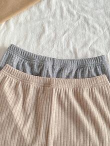 SHEIN 2pcs/Set Girls Ribbed Knit Crew Neck Long Sleeve Top And Leggings Underwear Set, Autumn/Winter - Multicolor - View 4