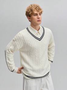 OFFICEAU 男士 Old Money V 领白色毛衣，宽松版型，麻花针织，秋冬款 - 白色 - 查看 3