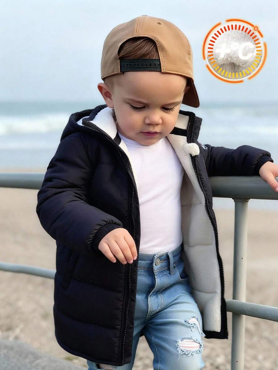 Baby Boy Winter Navy Blue Padded Hooded Jacket,Modest Quilted Fleece Thickened Long Coat For Date,Casual Stylish Minimalist Design,Fall Outdoor Wear - Black - View 1