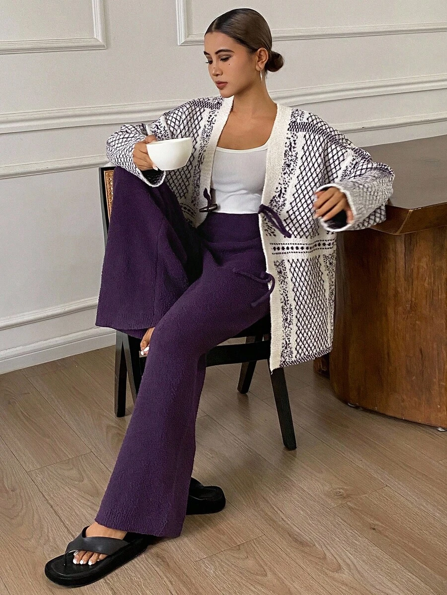 DAZY 2pcs/Set Women Knitted Loose Long Sleeve Pants Pajama Set, Autumn/Winter, Fall Clothes - Grey - View 1
