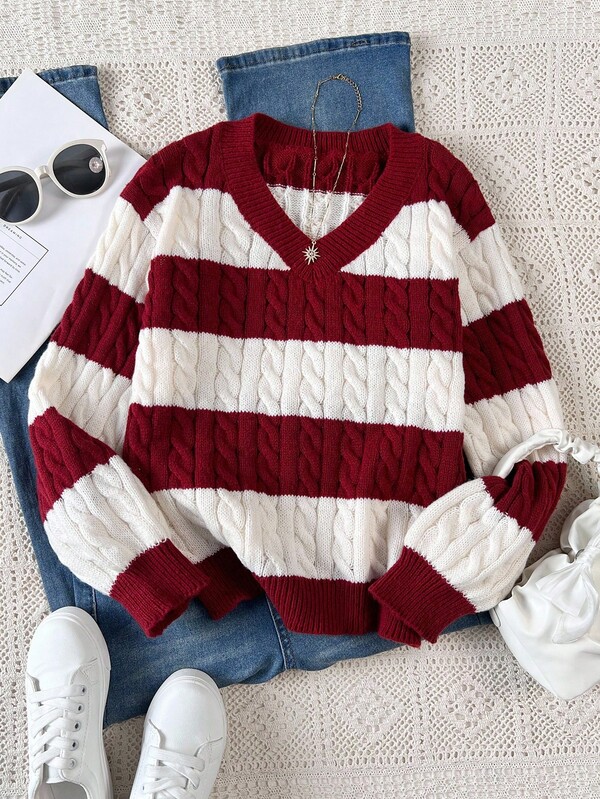 SHEIN Tween Girls Striped Color Block Cable Knit V-Neck Lantern Sleeve Oversized Pullover Sweater, Suitable For Autumn/Winter Outings Fall