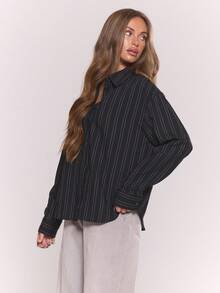 MUSERA 条纹长袖纽扣衬衫，适合度假、节日、休闲、优雅的托斯卡纳阳光海滩秋季、优雅假日、派对、春夏复活节等场合。 - 黑色 - 查看 3