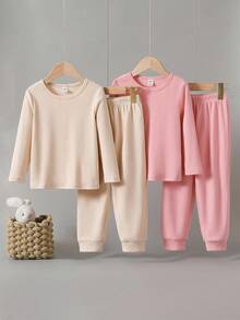 4件套女童休闲纯色长袖上衣和裤子家居服套装 - 彩色 - 查看 3