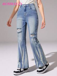 Teen Girl Washed Ripped Flare Jeans - Medium Wash - View 6