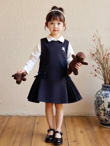 2pcs/Set Girls Casual Printed A-Line Dress With Bow Decor Hem+Long Sleeve Shirt Set,School Style Outfit For Back-To-School,Career Day,Autumn Wear - White - View 9