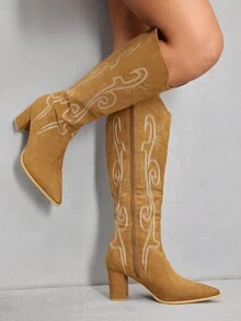 CUCCOO SZL Women's Pointed Toe Chunky Heel Suede Western Boots With Fringe, Slim Fit Tall Boots - Camel - View 4