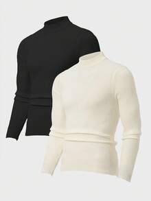 RueChic Men 2pcs Multi Pack Rib Knit Casual High Neck Slim Fit Sweater - Black and White - View 13