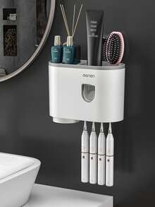 壁挂式牙刷架，带自动牙膏分配器浴室配件套装 - 灰色 - 查看 2
