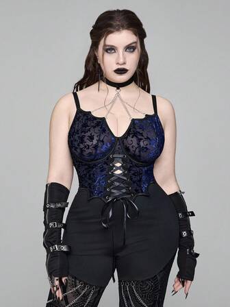 EDITION Canotta e top da donna in velluto blu con decorazione a catena e colletto a pipistrello, stile gotico scuro, taglie comode
