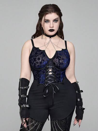 EDITION Canotta e top da donna in velluto blu con decorazione a catena e colletto a pipistrello, stile gotico scuro, taglie comode