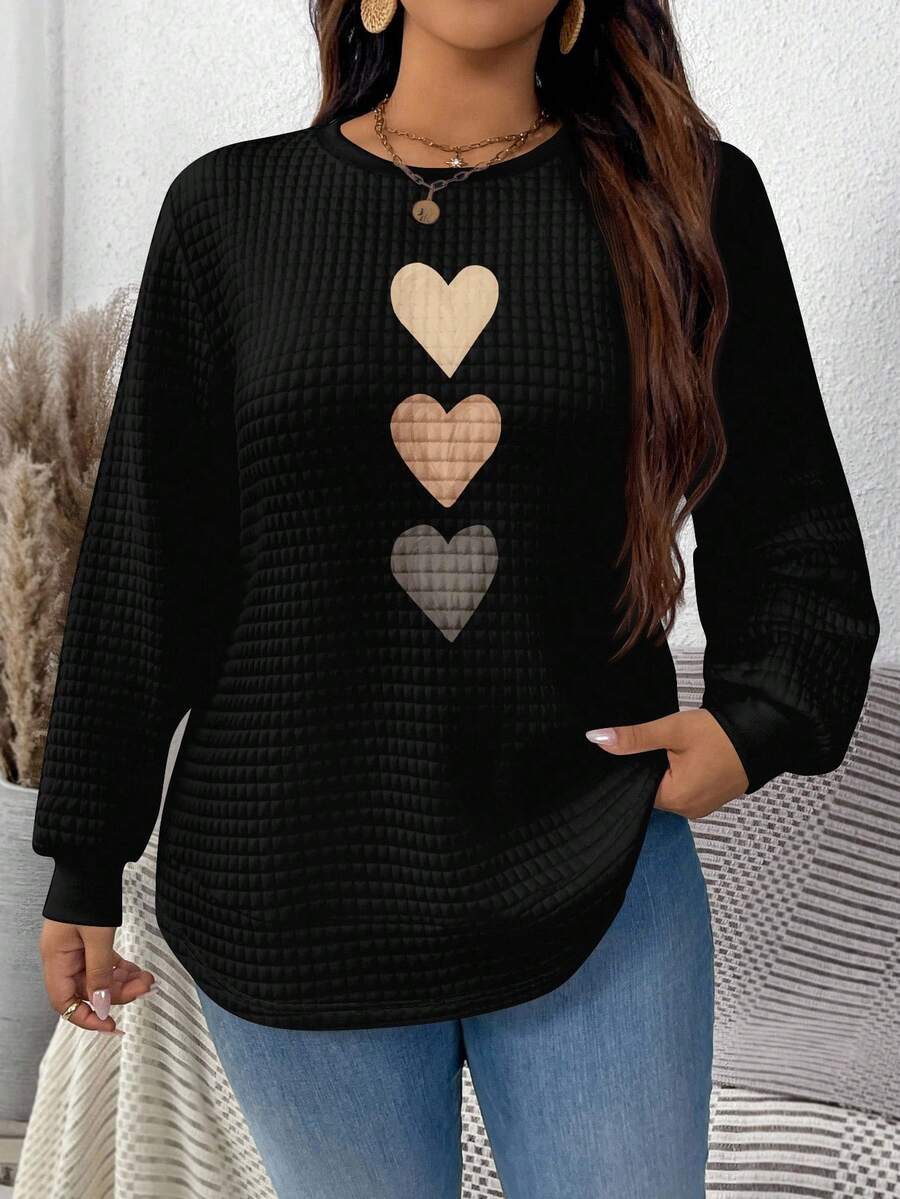 EMERY ROSE Sudadera casual de cuello redondo con estampado de cuadros pequeños, blanca y cómoda, con dobladillo curvo y diseño de abertura lateral para otoño/invierno - Negro - Ver 1