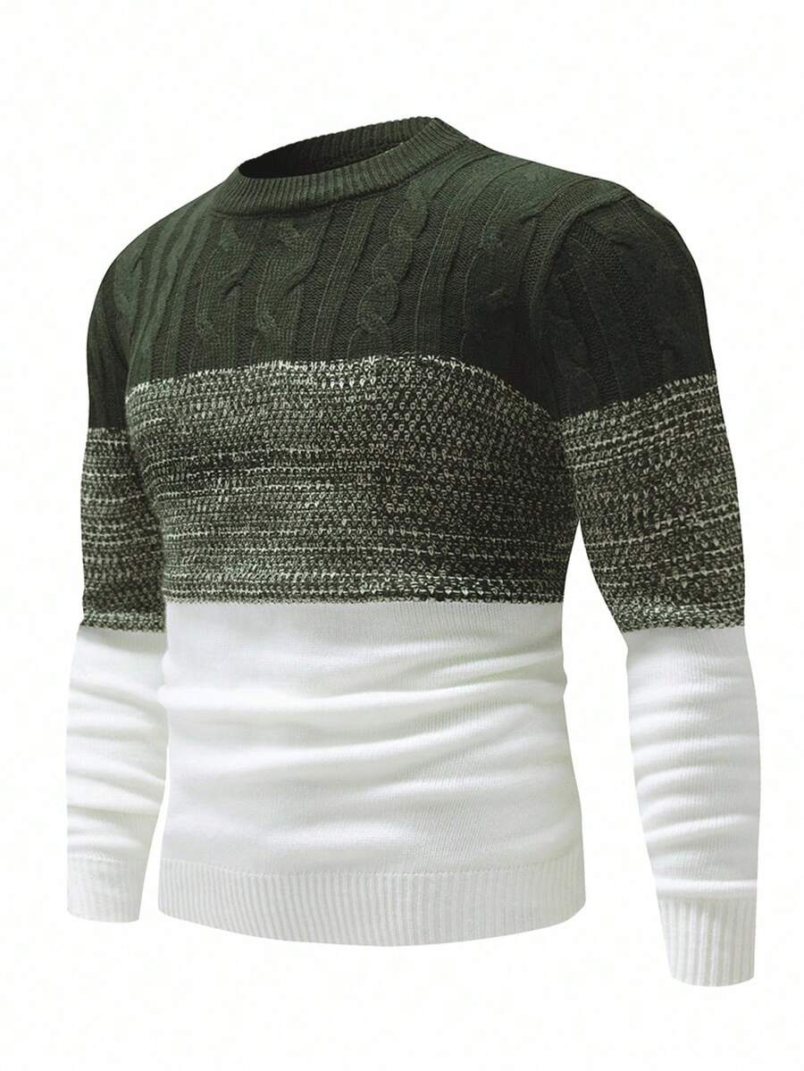 Manfinity Mode Men's Contrast Color Cable Knit Crew Neck Casual Long Sleeve Pullover Sweater, For Fall Winter - Army Green - View 1