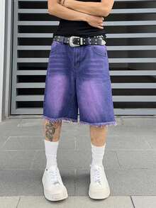 Manfinity Roghcode 男士夏季休闲水洗阔腿牛仔短裤 - 藍色 - 查看 3