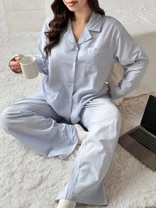 Dazy Plus 2pcs/Set Casual Striped Loose Fit Top And Pants Pajama Set, Suitable For Loungewear Or Outerwear, Plus Size Women, Spring/Autumn Fall Winter Clothes