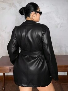Dazy Plus 大码女士优雅PU皮夹克，翻领系腰设计，秋冬女式外套 - 黑色 - 查看 2