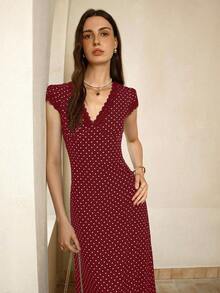 Cévolie Polka Dot Fitted V-Neck Lace Patchwork Women's Long Dresses - Red - View 3