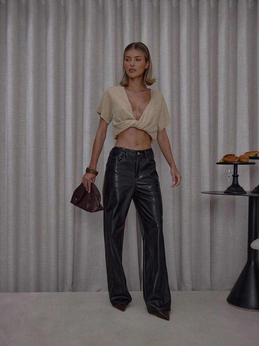 MUSERA 撞色缝线喇叭形仿皮裤 街头风 可爱 优雅 休闲 性感 外出 秋季 太妃糖色 圣诞节 冬季 派对 新年