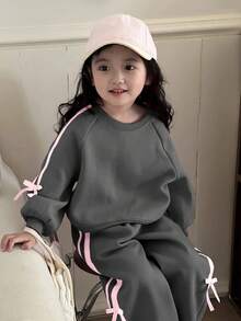 Dazy Kids 2pcs/Set Young Girl Round Neck Knit Sweatshirt Set For Fall - Dark Grey - View 4