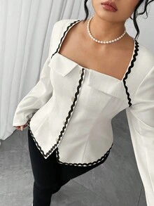 SHEIN Elenzya Áo cánh tay dài cổ thiên nga viền bèo nhún chắp vá cỡ lớn cho nữ, hàng cúc đơn thanh lịch - trắng - Xem 4