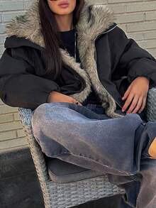DAZY Women's Fur Collar Patchwork Padded Coat, Autumn/Winter Jacket Y2k - Black - View 14