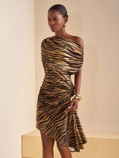 Zivah Summer New Style Music Festival, Easter, Mother's Day, Wedding Season, Attending Weddings, Birthday Parties, Daily Outings, Basic Multi-Functional Leisure Vacation, Cruise Travel, Beach, Sunbathing, Internet Celebrity Fashion, Street Style, Elegant Commuter, Off-The-Shoulder Collar, Slim Waist, Asymmetrical Hem, Khaki Zebra Print Mini Dress, Women's Dress