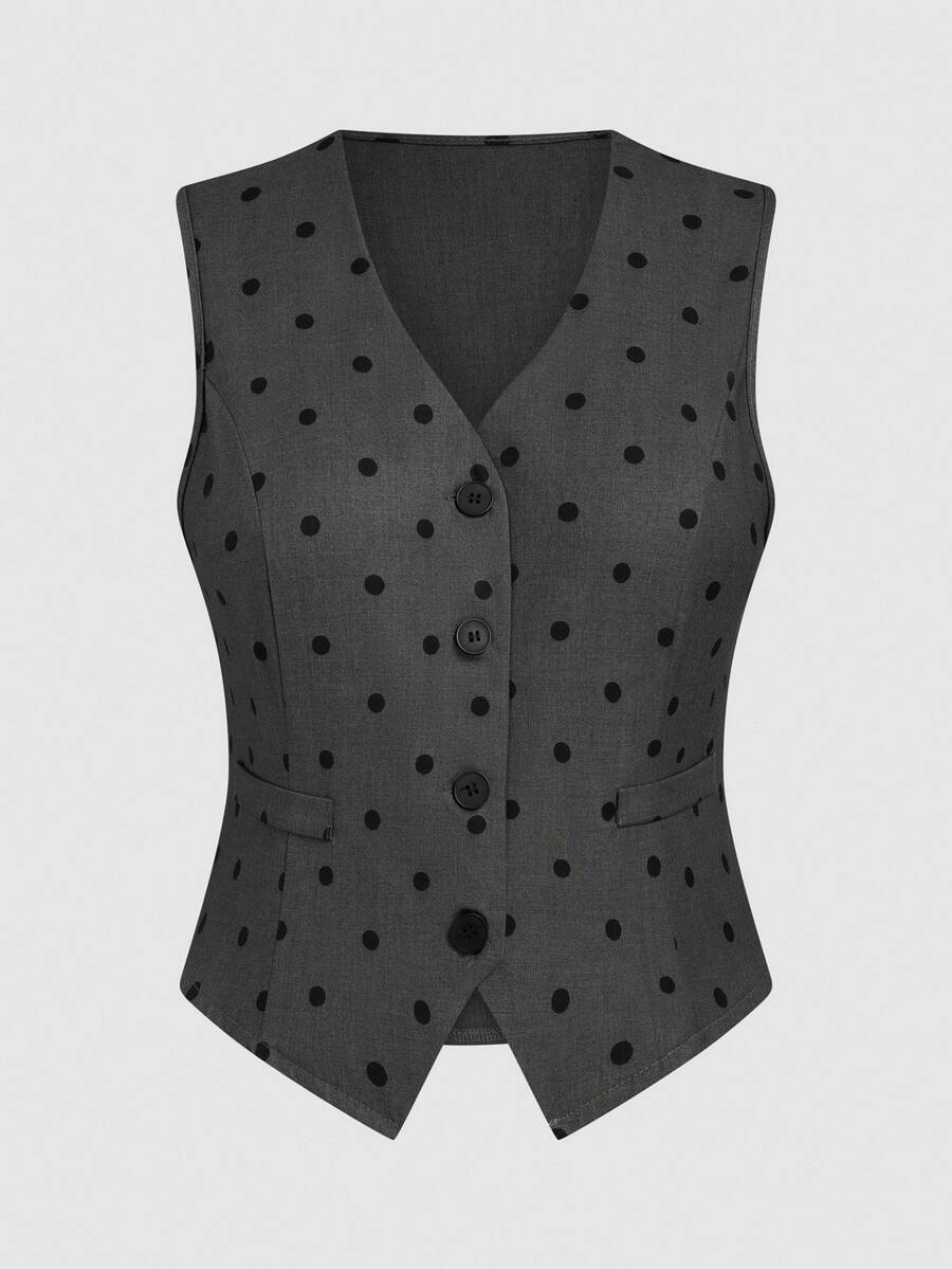 Sweetra Plus Size Women V-Neck Casual Fitted Short Solid Color Vest - Grey - View 1