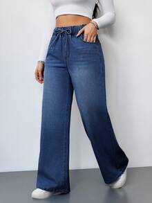 SHEIN Tall CURVE Plus Size Women Belted Pocket Wide Leg Loose Casual Jeans - Dark Wash - View 6