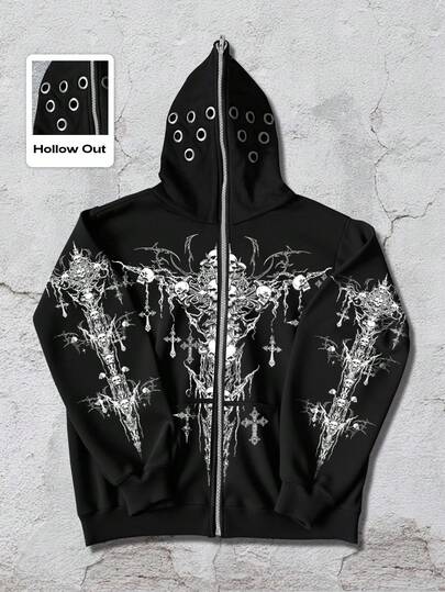 Grunge Punk Chaqueta con capucha con cremallera y forro térmico, estilo punk callejero, para otoño/invierno