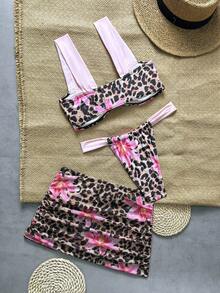 Swim Mod 3pcs Set Leopard Print Floral Sexy Women Bikini Set For Summer Beach Vacation - Multicolor - View 3