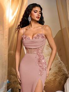 Glamrae Eleganter, luxuriöser Pailletten 3D Blumen Design elastischer geraffter Schlitzrock mit Fischschwanz, geeignet für Hochzeiten, Partys, Urlaub, Galas, formelle Anlässe (schwere Verzierung)