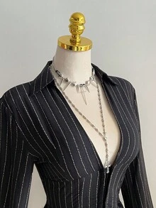 Elamini 1pc Black V-Neck Striped Collar Slim Fit Button-Up Long Sleeve Sexy Blouse For Commuting & Daily Wear, Winter - Black - View 5