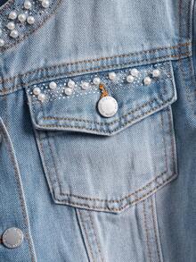 EMERY ROSE Women's Autumn Faux Pearl Decor Single-Breasted Casual Denim Jacket Pearl Embellished Denim Jacket Jean Jacket With Pearl Collar Light Wash Denim Jacket Women Denim Jacket Cropped Denim Jacket Jean Jacket For Women Denim Jacket For Women Women Light Wash Denim Jacket Women Jean Jacket Long Sleeve Denim Jacket Beaded Denim Jacket - Light Wash - View 4