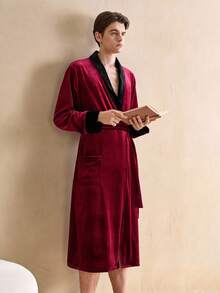 SHEIN Vintage British Style Comfortable Plush Robe, Shiny, Warm, Contrast Color, Elegant, Suitable For Lounging, Family Gathering, Open Front, Men, For Fall Winter, Christmas, Fluffy, Cozy - Red - View 7