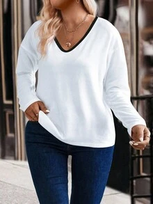 EMERY ROSE 女式休闲拼色V领基本款长袖加大码T恤，秋冬 - 白色 - 查看 3