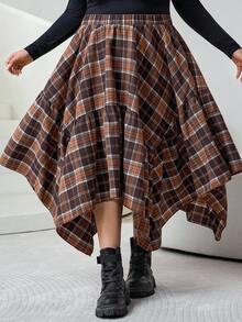 SHEIN CURVE+ 大码不对称下摆棕色灯芯绒格子裙，秋冬 - 彩色 - 查看 5