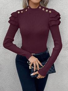 EMERY ROSE Women's Solid Color Button Design Stand Collar Long Sleeve Ruffle Hem Fitted Fashionable Pullover Sweater, Autumn - Burgundy - View 3
