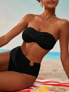 Oceva Conjunto de bikini sexy de unicolor con escote halter cruzado para mujer, ideal para playa de verano - Negro - Ver 5