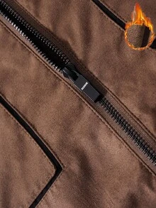 Manfinity Homme 男士加大码秋冬拉链翻领长袖天鹅绒户外防风夹克，棕色、黑色和多色拼接设计，麂皮拼接商务风，撞色口袋设计，天鹅绒内衬，适合日常休闲穿着、周末旅行、户外活动、旅游和轻松的工作环境，是送给男友或丈夫的理想礼物。保暖内衬夹克。 - 咖啡棕 - 查看 4